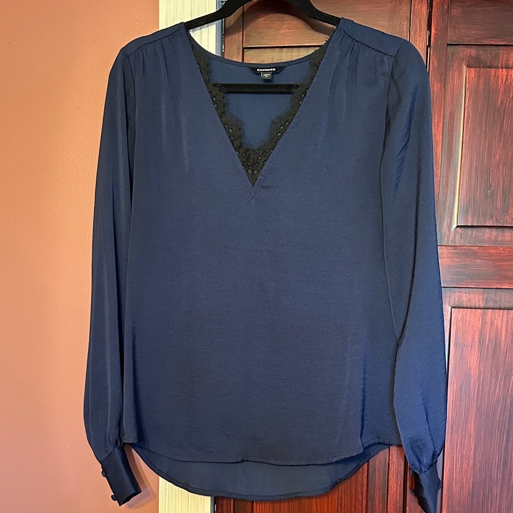 Express Navy Blouse with Black Lace Trim